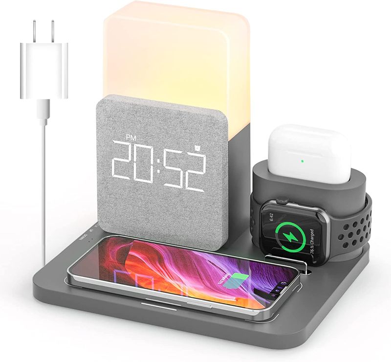 Photo 1 of Wireless Charging Station, 3 in 1 Charging Station, Alarm Clock with Wireless Charger, Night Light, iPhone 12/13/14 Pro/13 Mini/13 Pro Max/12 pro, AirPods (Adapter Included)