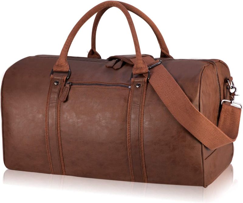 Photo 1 of Oversized Travel Duffel Bag, Waterproof Leather Weekend bag Gym Sports Overnight Large Carry On Hand Bag-Brown
