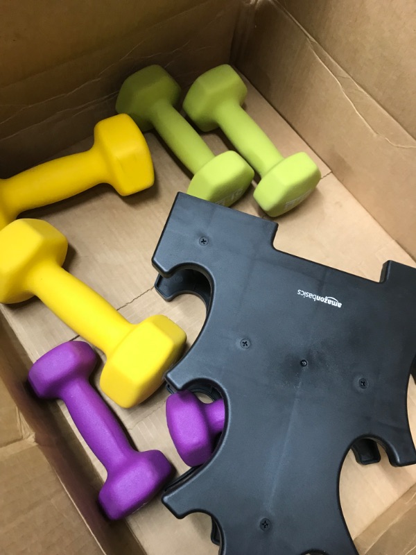 Photo 2 of Amazon Basics Neoprene Workout Dumbbell Multicolor 32-Pounds total - 3 Pairs (3-Lb, 5-Lb, 8-Lb) & Weight Rack Weight Set