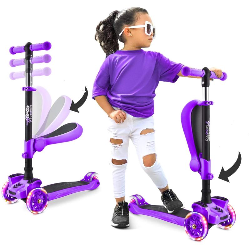 Photo 1 of Hurtle Fitness HURFS42P - Scoot Kid 3-Wheel Kids Scooter - Child & Toddler Toy Scooter with Built-in LED Wheel Lights, Fold-Out Comfort Seat (Ages 1+) (Purple)
