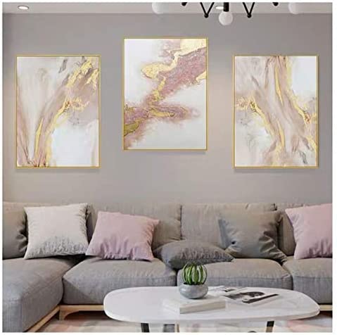 Photo 1 of 3 Piece Framed Canvas Wall Art Pink Gold Abstract Painting Water Flow Shape Modern Home Decor Ready to Hang 24x48 inches
