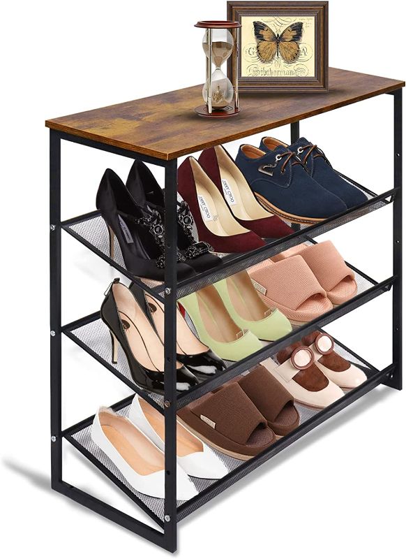 Photo 1 of aboxoo 4-Tiers Shoes Rack Tilting Adjustable Freestanding Shoe Rack Large 9 Pairs 25.2 IN Storage Organization Brown Wood Metal For Entryways, Hallways, Closets, Dormitory Rooms, And Industries
