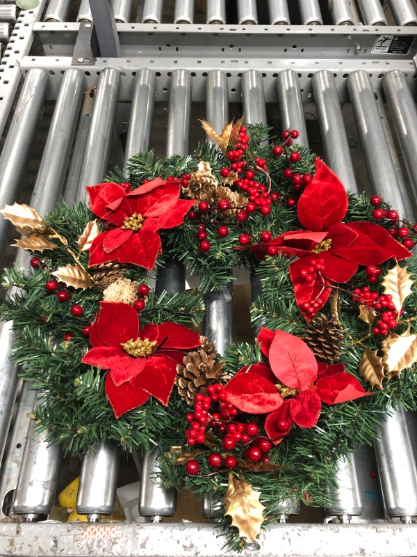 Photo 2 of 24 IN Christmas-Wreath,Christmas-Wreaths-for-Front-Door,Pre-Lit-Christmas-Decorations Door Wreath with 50 LED Lights,Poinsettia Flowers,Artificial Indoor/Outdoor Home Decor Gift Wreath for Door MantelLPNPMOA9351201
