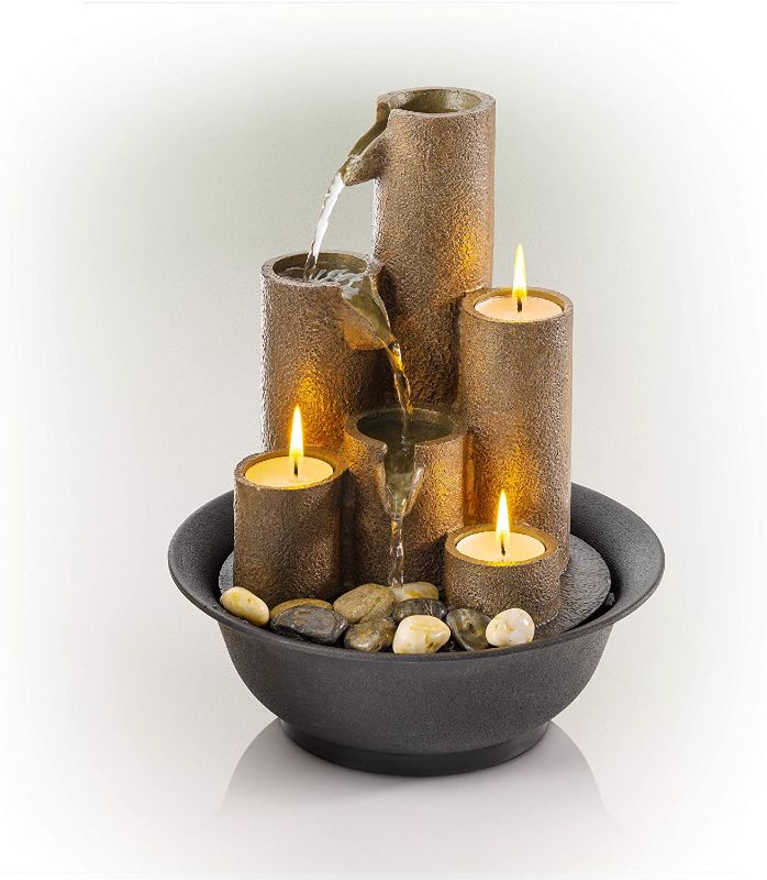 Photo 1 of *** POWERS ON *** Alpine Corporation Tiered Column Tabletop Fountain with 3 Candles, Mini Waterfall for Indoor Spaces, Relaxation Water Feature, 11" Tall, Brown
