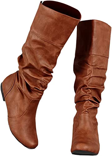 Photo 1 of Syktkmx Womens Slouchy Flat Knee High Boots Wide Calf Pull On Fall Winter Motorcycle Boots
