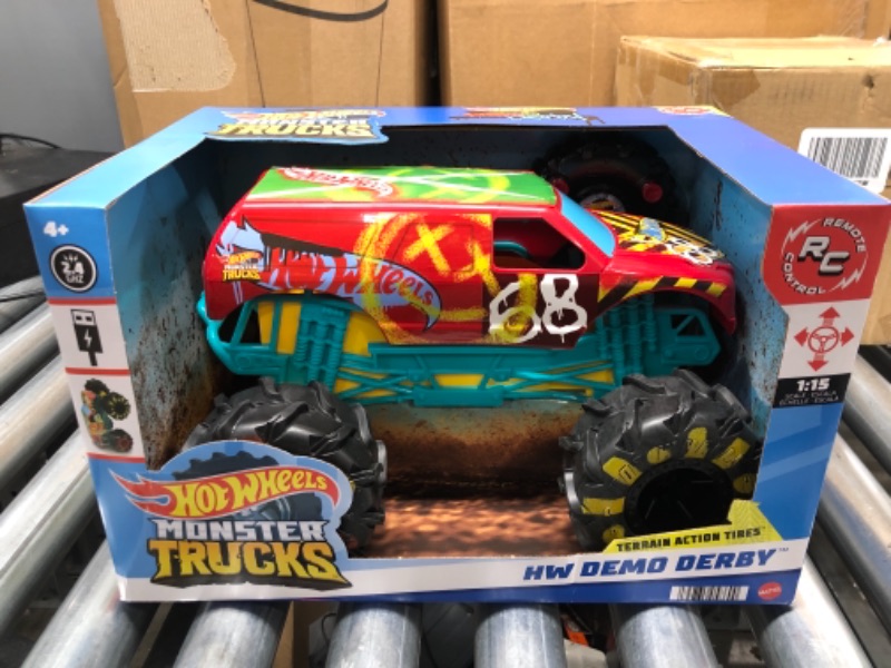 Photo 3 of ?Hot Wheels RC Monster Trucks 1:15 Scale HW Demo Derby, 1 Remote-Control Toy Truck with Terrain Action Tires, Toy for Kids 4 Years Old & Older HW DEMO DERBY RC