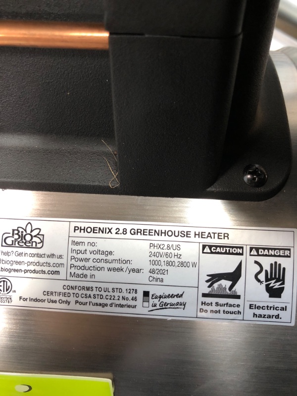 Photo 3 of ***CANNOT TEST, NONSTANDARD PLUG, SEE PHOTOS*** Bio Green PHX 2.8/US Phoenix Greenhouse Heater – 220-240V - 9553 BTU Stainless Steel & Bio Green PAL 2.0/USDT Palma Greenhouse Heater incl. Digital Thermosta Heater + Heater incl. Digital Thermostat