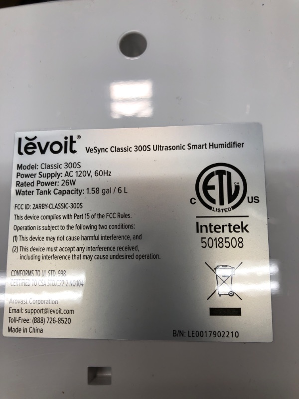 Photo 2 of ***TESTED POWERS ON*** LEVOIT Humidifiers for Bedroom Large Room Home, 6L Cool Mist Top Fill Essential Oil Diffuser for Baby and Plants, Smart App & Voice Control, Rapid Humidification and Humidity Setting, Quiet Sleep Mode App Smart Control Gray
