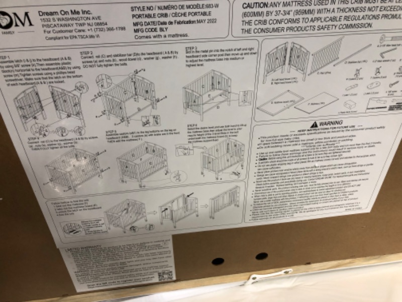 Photo 2 of Dream On Me 3 in 1 Portable Folding Stationary Side Crib in White, Greenguard Gold Certified, Safety Wheel with Locking Casters, Convertible, 3 Mattress Heights White Crib