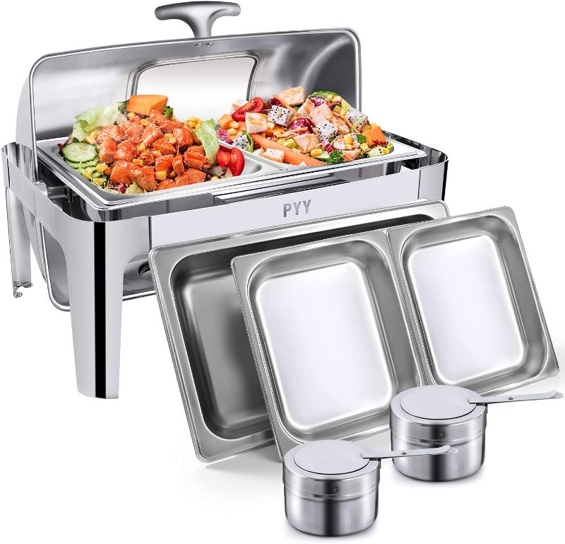 Photo 1 of PYY Roll Top Chafing Dish Buffet Set Professional Chaffing Server Set Commercial Chafer Chafers for Catering Rolling Buffet Servers and Warmers (2 Half-Size)
