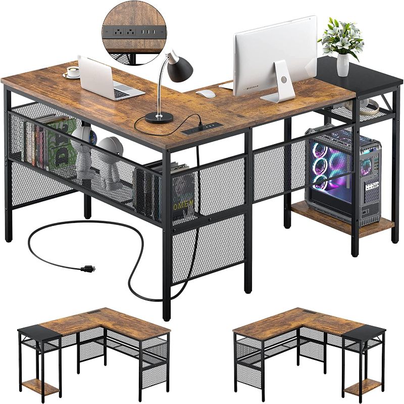 Photo 1 of Unikito L Shaped Desk with USB Charging Port and Power Outlet, Reversible L-Shaped Corner Computer Desk with Storage Shelves, Industrial 2 Person Gaming Table Modern Home Office Desk, Rustic Brown
