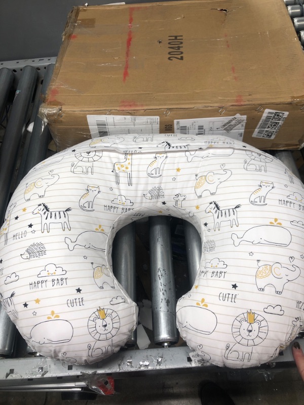 Photo 3 of ***LIKE NEW*** Boppy Nursing Pillow and Positioner - Original, Notebook Black and White with Gold Animals, Breastfeeding, Bottle Feeding, Baby Support, with Removable Cotton Blend Cover, Awake-Time Support