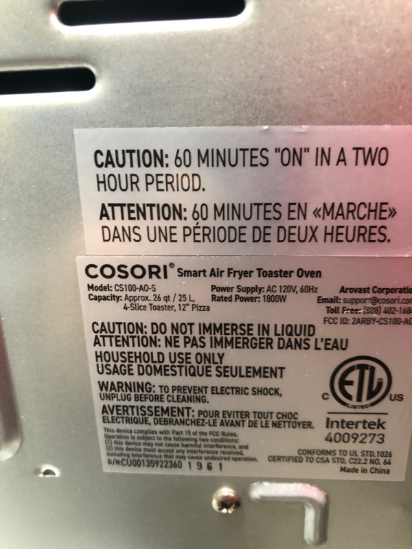 Photo 5 of ***TESTED WORKING*** COSORI Air Fryer Toaster Oven Combo, 12-in-1 Convection Ovens Countertop, Stainless Steel, Smart, 6-Slice Toast, 12-inch Pizza, with Bake, Roast, Broil, 75 Recipes&Accessories Tray, Basket, 26.4QT 25L+Air fryer stainless steel