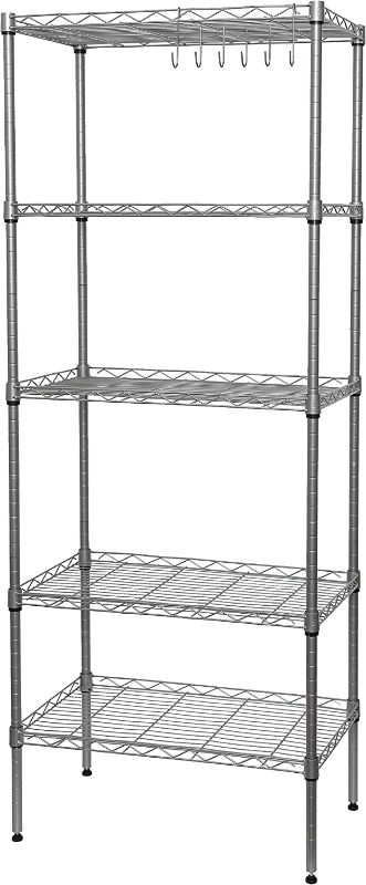 Photo 1 of  5-Tiers Carbon Steel Shelving Units, Kitchen Organizer with 6 Hooks, Classic Wire Shelving Units, Multi Use Storage Rack for Home Office, Size...
