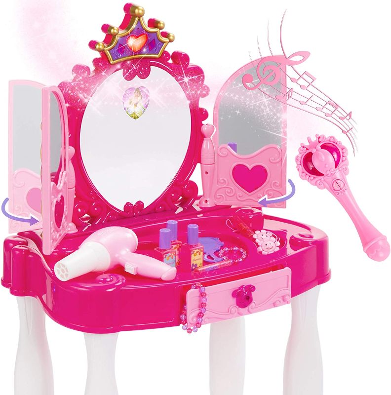 Photo 1 of Best Choice Products Kids Vanity Mirror Set Pretend Play Girl Toy w/ Magic Wand Remote, Toy Hairdryer, Lights & Sounds, Stool, Accessories
