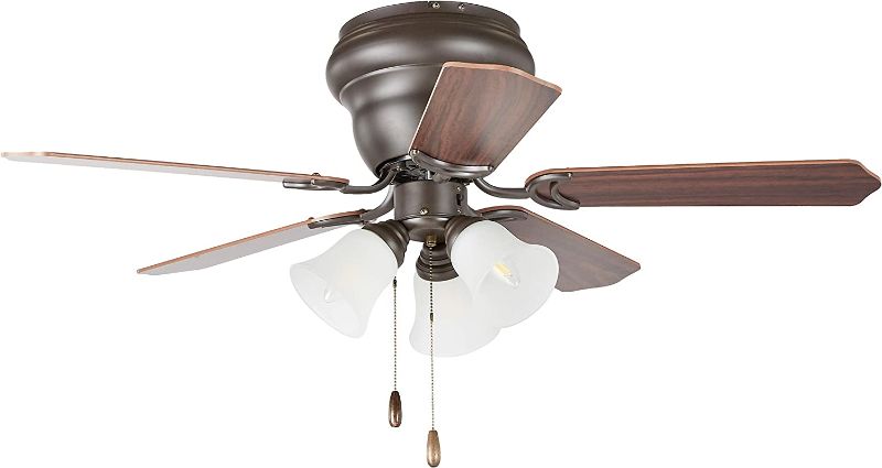 Photo 1 of Amazon Basics 42-Inch Hugger Ceiling Fan - Includes Dimmable LED Light Kit with Three Candelabra Base LED Light Bulbs - Five Reversible Blades, Oil Rubbed Bronze Finish
