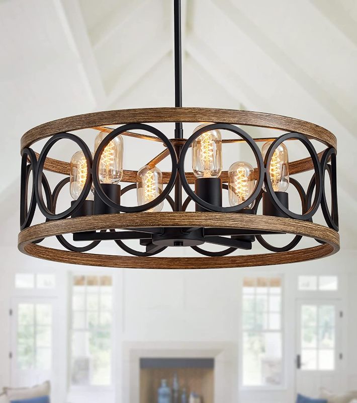 Photo 1 of MEIXISUE Modern Farmhouse Drum Chandelier Black and Retro Wood Finish 6-Lights Round Metal Antique Vintage Chandelier Light Fixtures for Kitchen Dining Room Living Room Bedroom
