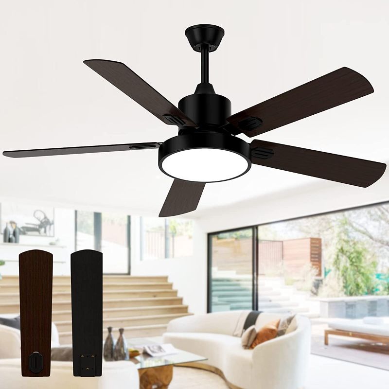 Photo 1 of CLUGOJ Ceiling Fan with Light, Outdoor Black Ceiling Fan with Remote, 52-inch Black Ceiling Fan with 5 Reversible Walnut/Black Blades for Patio Farmhouse Bedroom, Matte Black
