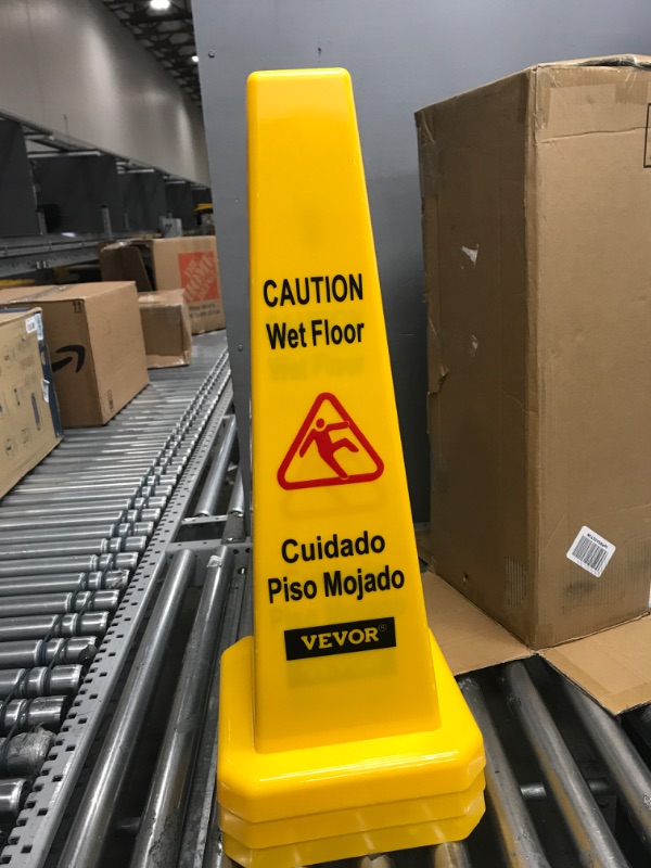 Photo 2 of BestEquip 3 Pack Floor Safety Cone Yellow Caution Wet Floor Signs 4 Sided Floor Wet Sign Public Safety Wet Floor Cones Bilingual Wet Sign Floor for Indoors and Outdoors