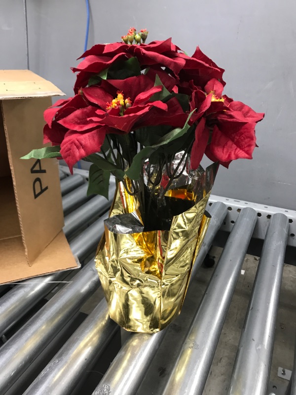 Photo 2 of **Minor damage** TenWaterloo 15 Inch Potted Red Poinsettia Plant - Artificial Christmas Poinsettia Plant in Gold Foil Wrap