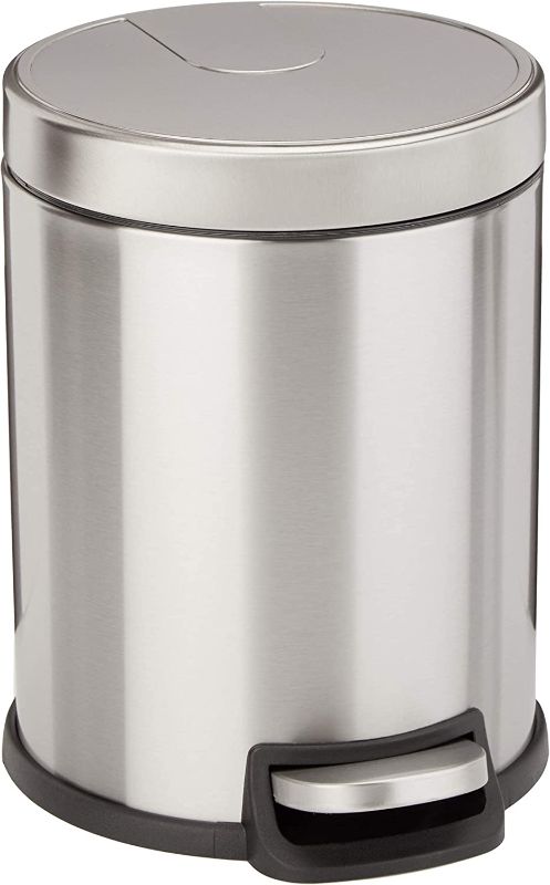 Photo 1 of * Major Damage-See Photos* Amazon Basics 5 Liter / 1.3 Gallon Round Soft-Close Trash Can with Foot Pedal - Stainless Steel
