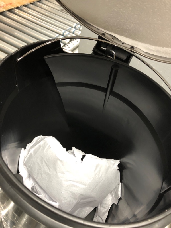 Photo 4 of * Major Damage-See Photos* Amazon Basics 5 Liter / 1.3 Gallon Round Soft-Close Trash Can with Foot Pedal - Stainless Steel
