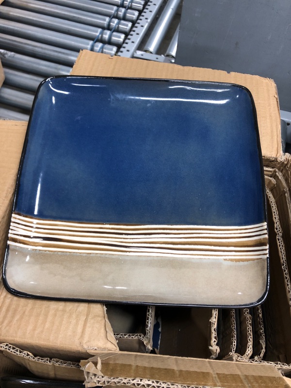 Photo 5 of *3 Large Plates Broken* Elama Square Stoneware Loft Collection Dinnerware Dish Set, 16 Piece, Blue and Tan with White Accents