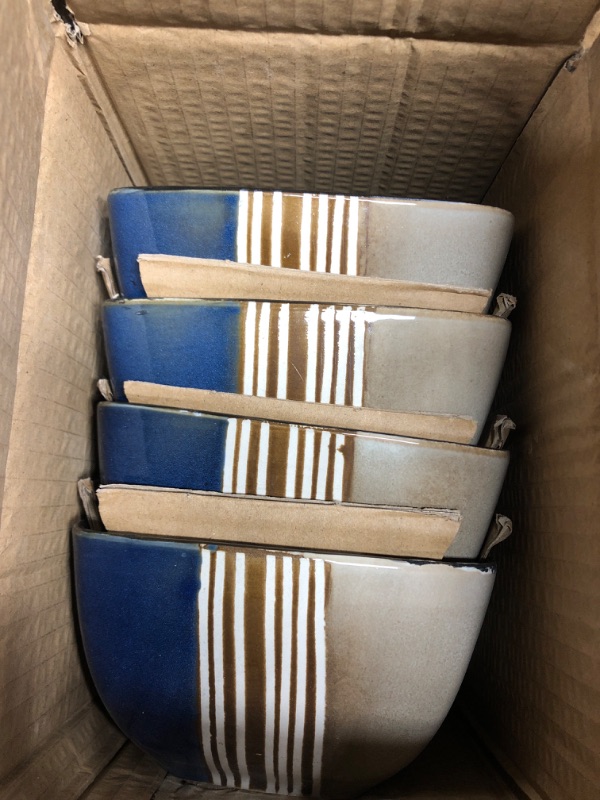 Photo 2 of *3 Large Plates Broken* Elama Square Stoneware Loft Collection Dinnerware Dish Set, 16 Piece, Blue and Tan with White Accents