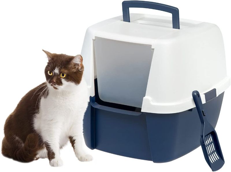 Photo 1 of *Missing Scoop* IRIS USA Jumbo Enclosed Cat Litter Box with Front Door Flap and Scoop, Hooded Kitty Litter Tray with Easy Access Lift Top Handle and Buckles for Portability and Privacy, Navy/White
