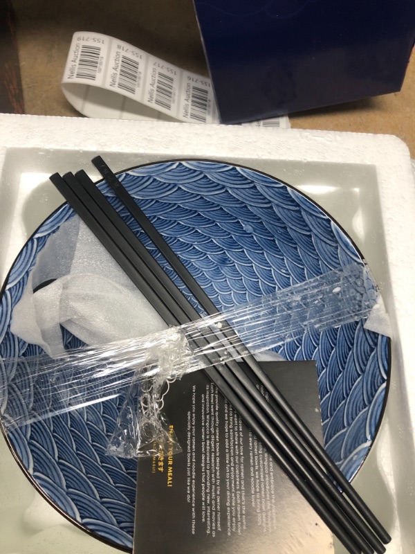 Photo 1 of Wingcco Japanese Ceramic Ramen Bowl Set - 8-Piece Set With Matching Large White Ramen Bowls and Spoons Set with Chopsticks and Chopsticks Holder For Pho Soup Thai Miso Salad Udon Noodles or Asian Food Blue Flower & wave