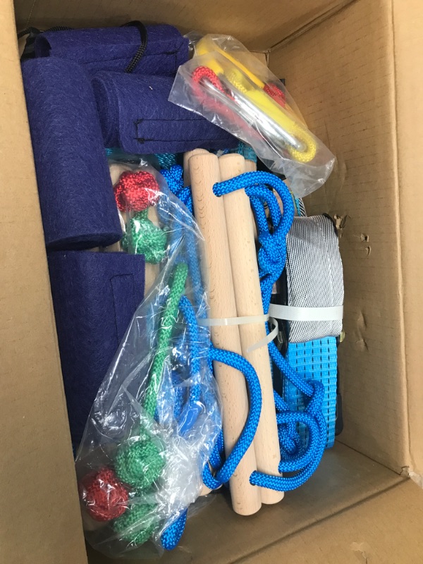 Photo 1 of SUNCITY Ninja Warrior Obstacle Course Kit for Kids - 2 X 52' Slackline Zipline 37 PCS Hanging Monkey Bars Fists Gym Rings Swing Rope Ladder Portable Outdoor Toys Training Equipment Set for Backyard