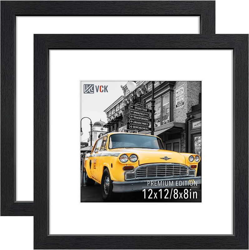 Photo 1 of **SET OF 5** VCK 12x12 Picture Frame Set of 5 - Black, Textured Modern Square Wooden Frames with HD Glass, Display Photo 8x8 with Mat or 12x12 Without Mat, Wall Hanging
