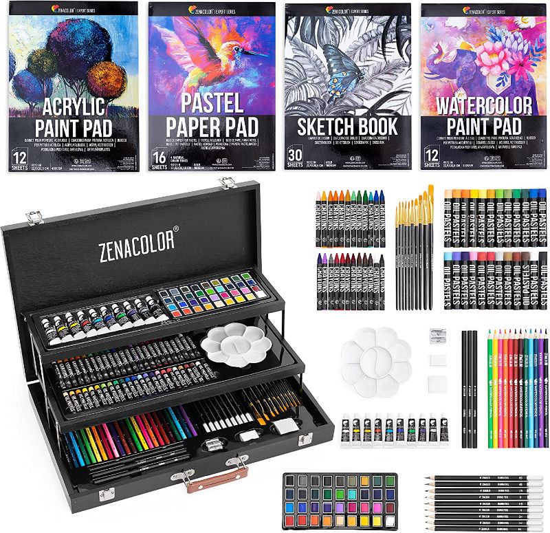 Photo 1 of **lid is loose**
Zenacolor Mixed Media Art Set XXL with Professional Wooden Case (150 Pieces) - Art Supplies for Painting, Drawing, and Coloring - Pastels, Acrylic, Watercolor, Crayons, Pencils - 4 Drawing Pads
