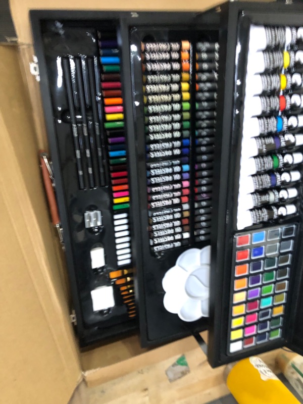 Photo 2 of **lid is loose**
Zenacolor Mixed Media Art Set XXL with Professional Wooden Case (150 Pieces) - Art Supplies for Painting, Drawing, and Coloring - Pastels, Acrylic, Watercolor, Crayons, Pencils - 4 Drawing Pads
