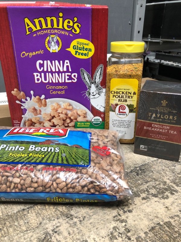 Photo 1 of 4 ITEM FOOD BUNDLE: 
EXP DATES: CEREAL(12/06/22), BEANS(06/24), SEASONING(09/11/23), TEA( 10/23)
