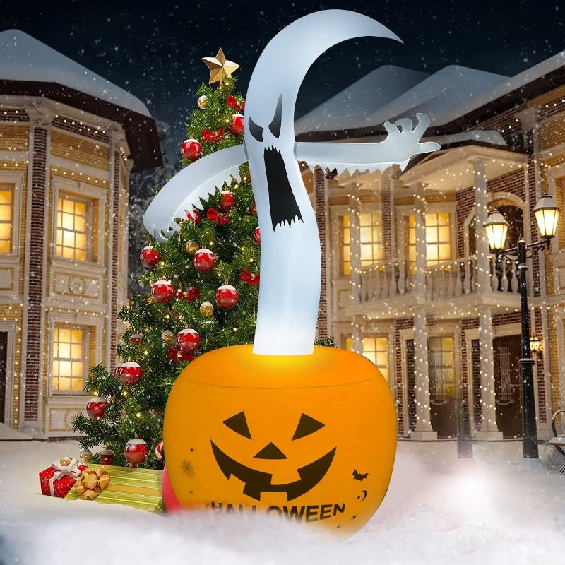 Photo 1 of **TESTED POWERED ON***IOKUKI 6 FT Halloween Inflatables Outdoor Decorations with Scary Sound, Large Weight to Stay on The Yard & Pool with Electric Air Pump, Tall Spooky Ghost on Pumpkin with Color Changing LED Light & RC
