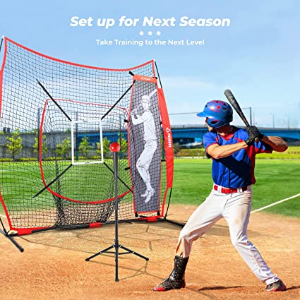 Photo 1 of Patiassy 7'x7' Baseball Softball Practice Net for Hitting and Pitching with Batting Tee Baseball Hitting Pitching Net with 2 Strike Zones, 1 Batter, 3 Baseballs and Carrying Bag