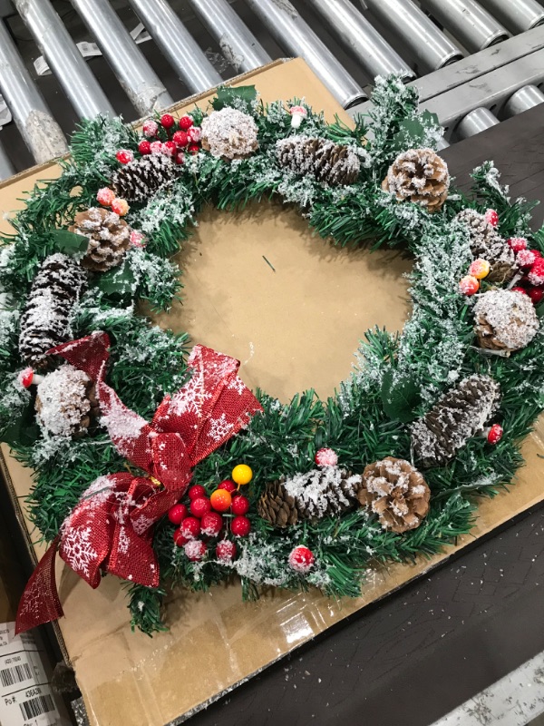 Photo 2 of 18 Inch Pre-lit Artificial Christmas Wreath for Front Door,Xmas Wreath with Realistic,Snowflakes,Pine Cone,Berries,Warm Lights,Winter Christmas Holiday Decor(45cm) 18 inch snowflake wreath