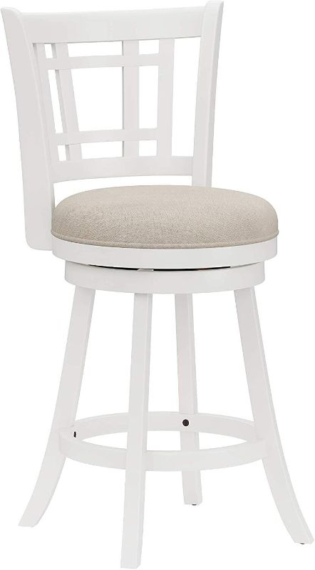 Photo 1 of ***not assembled + DIFFERENT BACKING THAN STOCK PHOTO*** 
Wooden White/Gray Upholstered Swivel Bar Stools with SOLID 3-Tier Wooden Backing