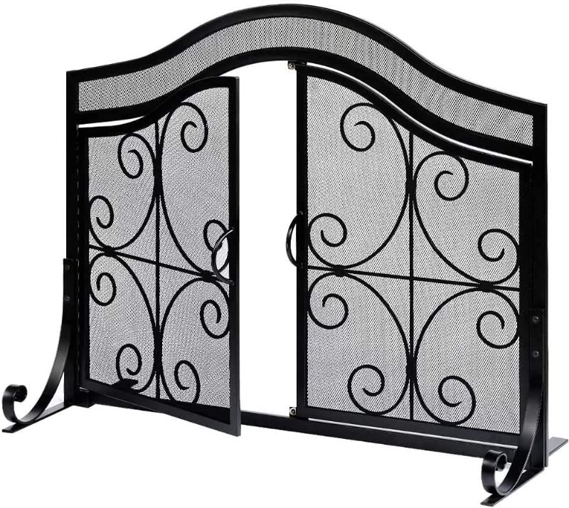 Photo 1 of AMAGABELI GARDEN & HOME Fireplace Screen with Doors Large Flat Guard Fire Screens Outdoor Metal Furnace Fireguards Mesh Solid Wrought Iron Fire Place Panels Wood Burning Stove Accessories Black