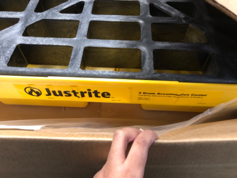 Photo 3 of Justrite 28654 EcoPolyBlend 24 Gallon Sump, 49" x 25" x 5.5" (LXWXH) Yellow 2 Drum Modular Accumulation Centers
