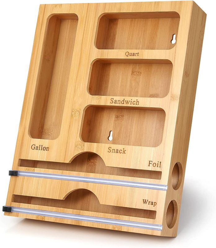 Photo 1 of Bag Storage Organizer and Wrap Dispenser with Cutter for Kitchen Drawer and
3 in 1 Wrap Dispenser with Cutter and Labels, Bamboo Roll Organization Storage Holder