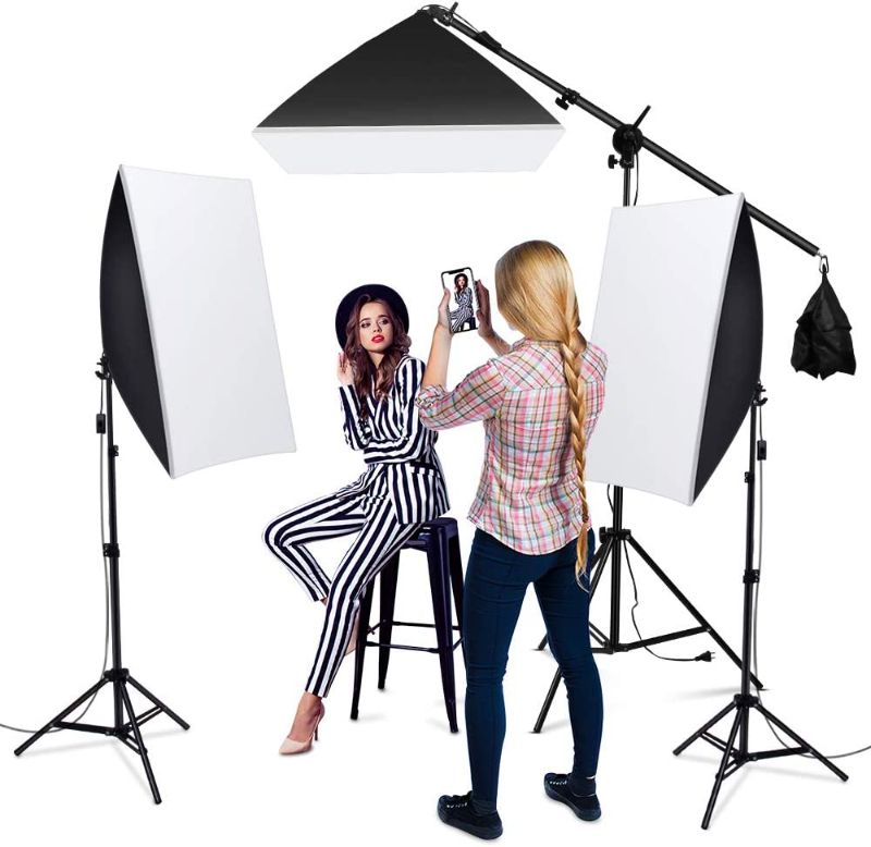 Photo 1 of 2500W Softbox Photography Lighting, Continuous Softbox Lighting Kit 20"X28" Professional Photo Studio Equipment with 2M Adjustable Stand and Boom Arm Hairlight for Video Filming Portraits(3 Pack)