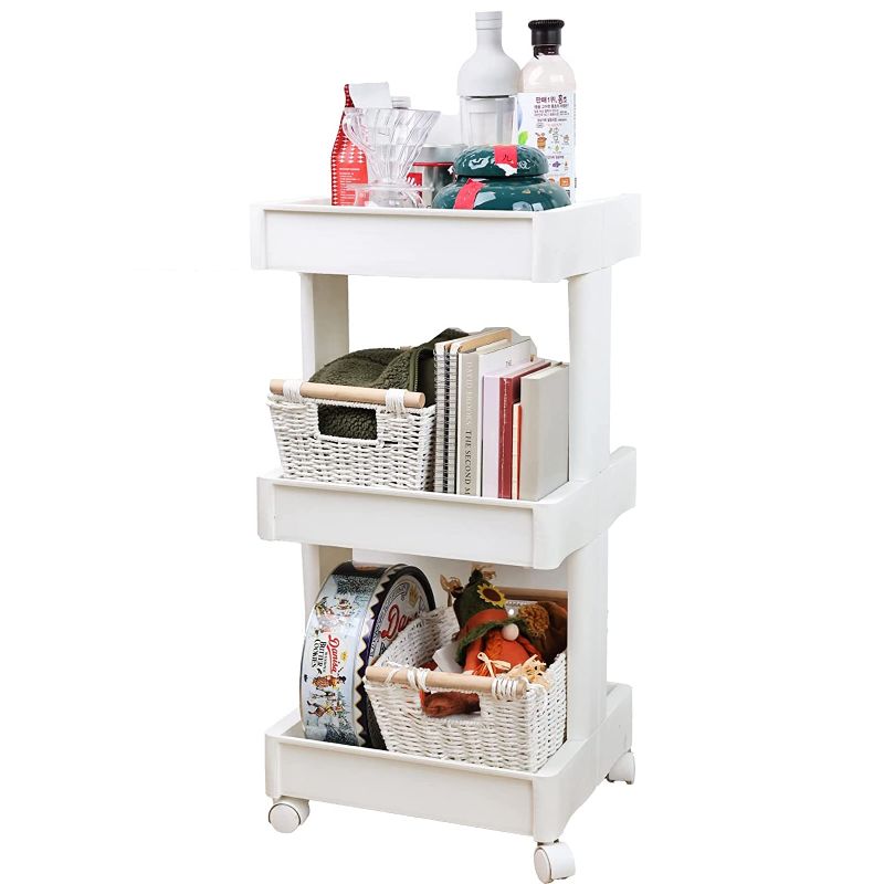 Photo 1 of YEARONAN Rolling Cart?Utility Cart, Kitchen Cart,3Tier Storage Cart ,Easy Assemble?Bathroom Cart?Organizer Cart?Kitchen Organization,White Trolley Cart with Locking Wheels