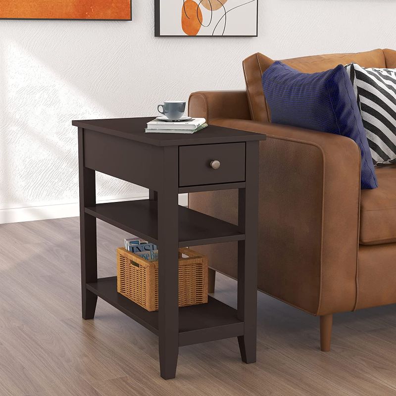 Photo 1 of **MISSING HARDWARE** ChooChoo Side Table Living Room, Narrow End Table with Drawer and Shelf, 3-Tier Sofa End Table for Small Space, Espresso
