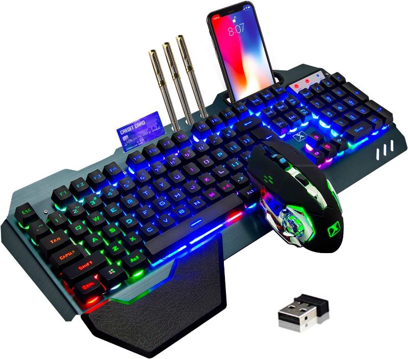 Photo 1 of Wireless Gaming Keyboard and Mouse,Rainbow Backlit Rechargeable Keyboard Mouse with 3800mAh Battery Metal Panel,Removable Hand Rest Mechanical Feel Keyboard and 7 Color Gaming Mute Mouse for PC Gamers
