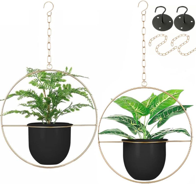 Photo 1 of 2 Pack Shineloha Boho Metal Hanging Planters with 6" Pot (Detachable) + Hook + Chain | Hanging Planters Indoor, Modern Wall & Ceiling Planters,BLACK