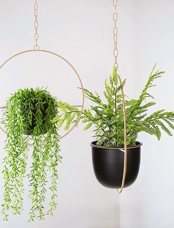 Photo 1 of 2 Pack Shineloha Boho Metal Hanging Planters with 6" Pot (Detachable) + Hook + Chain | Hanging Planters Indoor, Modern Wall & Ceiling Planters, Gold + Black Planter (Indoor & Outdoor), NO Plant incld