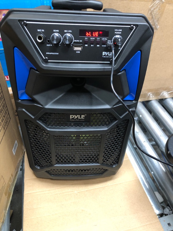 Photo 3 of Portable Bluetooth PA Speaker System - 400W Outdoor Bluetooth Speaker Portable PA System w/Microphone in, Party Lights, MP3/USB SD Card Reader, FM Radio, Rolling Wheels - Mic, Remote - Pyle PPHP82SM