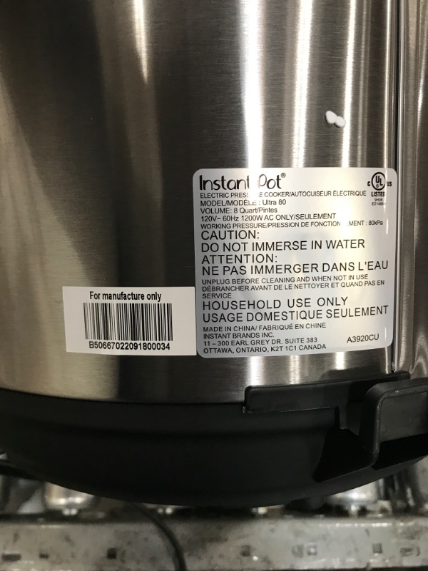 Photo 1 of Instant Pot Ultra 80 Ultra 8 Qt 10-in-1 Multi- Use Programmable Pressure Cooker, Slow Cooker, Rice Cooker, Yogurt Maker, Cake Maker, Egg Cooker, Sauté, and more, Stainless Steel/Black 8QT Ultra